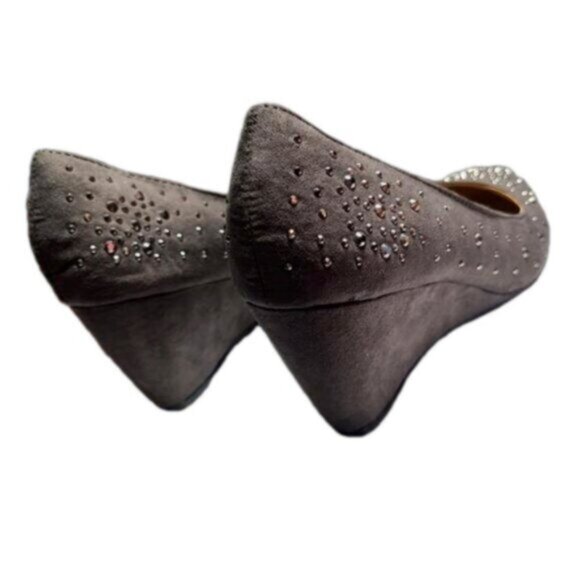 Suede Grey Embellished Glitter Business Casual Round Toe Low Wedge Pump Heels - Picture 4 of 7